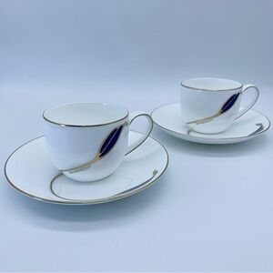 Givenchy Yamaka 2 Set of Bone China Cobalt Leaf Cup & Saucer with Gold Lining